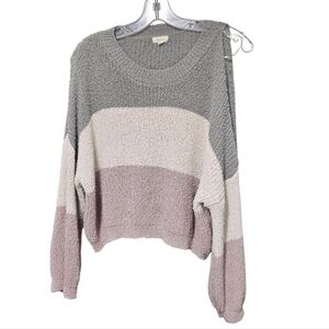 Debut Women’s Striped Knit Cold Shoulder Sweater – Gray, Cream & Mauve – Size M